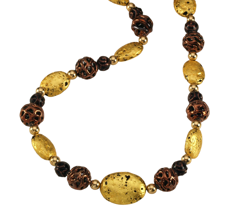 Close up of Hand made necklace with 23 karat gold gilded lava stones, lamp work bronze Czech glass, and 14 karat gold filled small round beads.