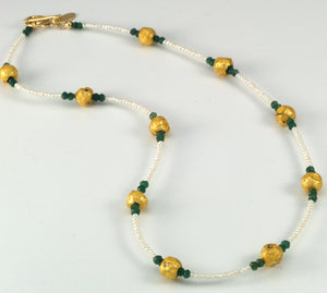 Emerald Kisses - Emerald, Gold, and Pearl Necklace -SOLD