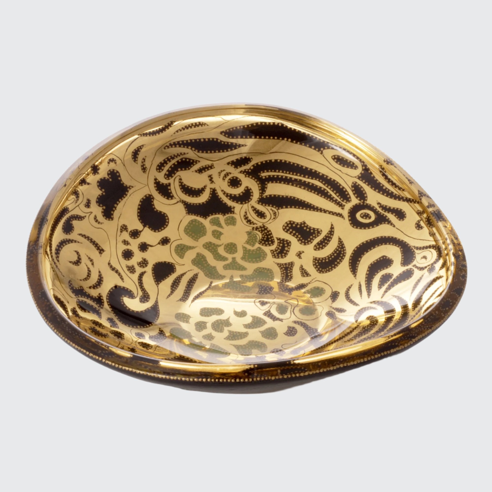 centerpiece glass art gold, black, green floral design bowl