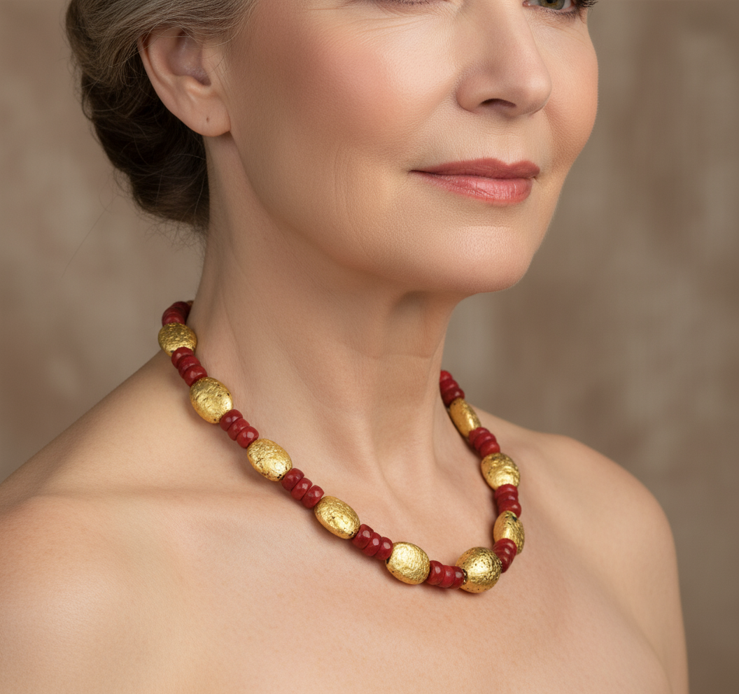 Woman wearing a red and gold beaded necklace against a neutral background