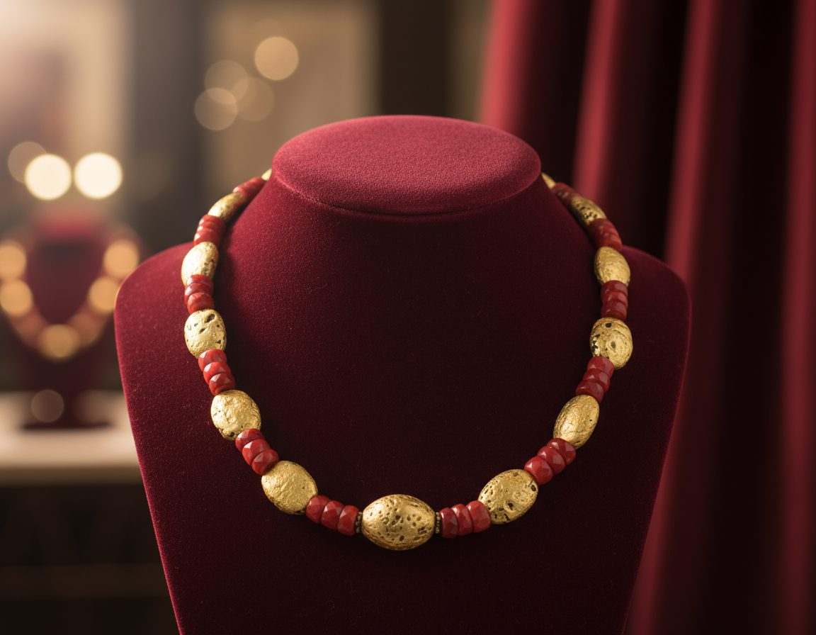 Necklace with red and gold beads on a red velvet stand against a blurred background