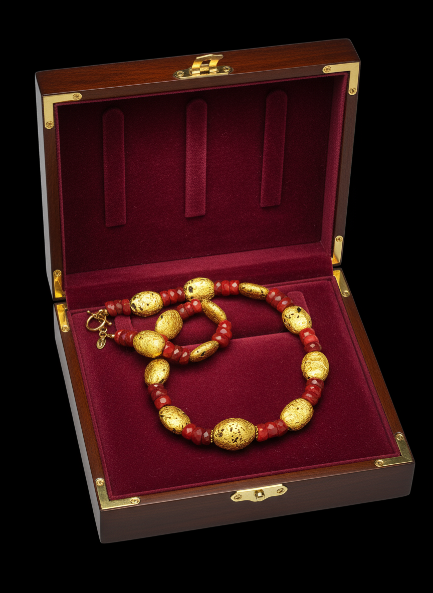Gold and red beaded necklace in a wooden jewelry box with red interior