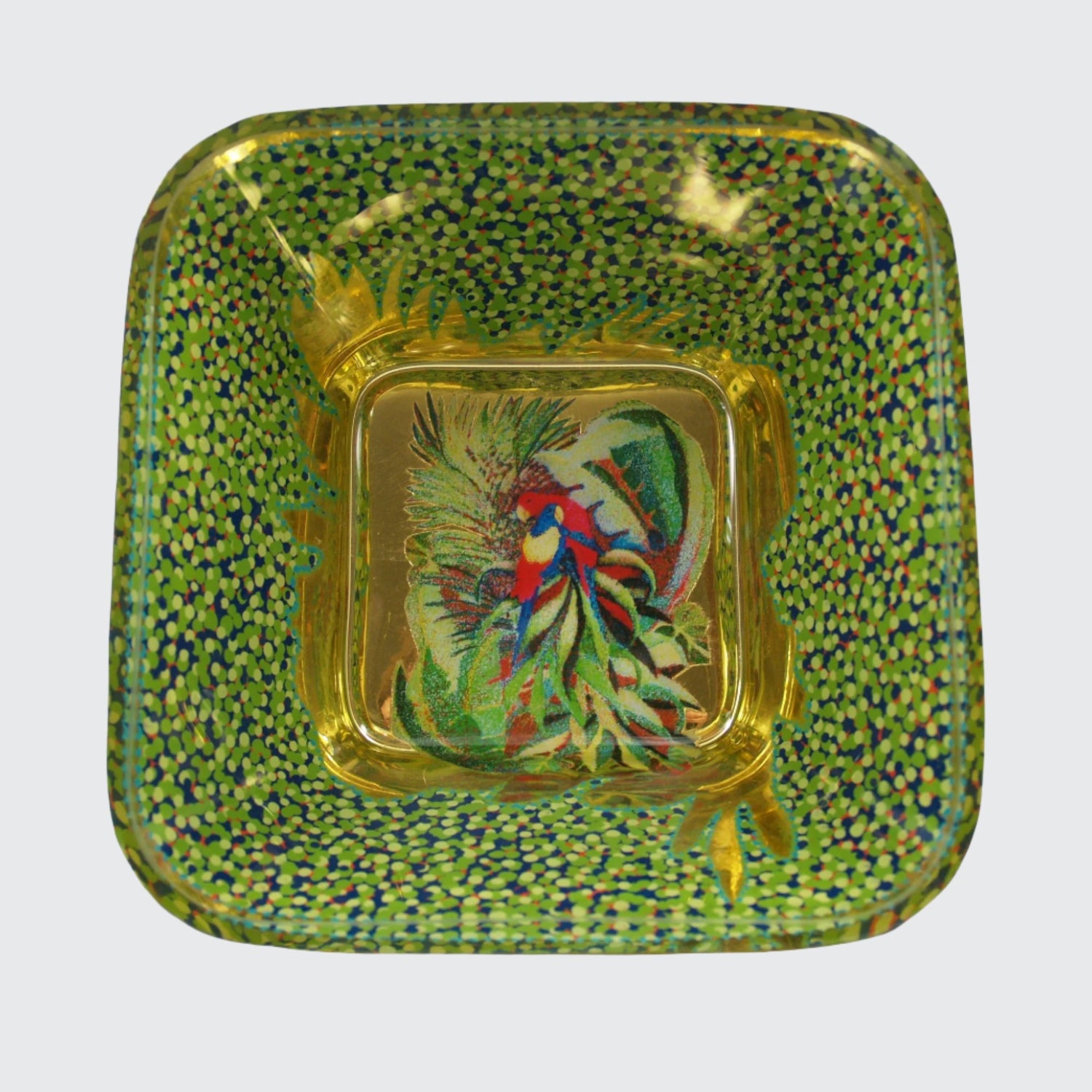tropical bird and gold gilded and hand painted square glass art bowl