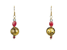 Load image into Gallery viewer, natural rubies and gold gilded round lava bead dangle earrings