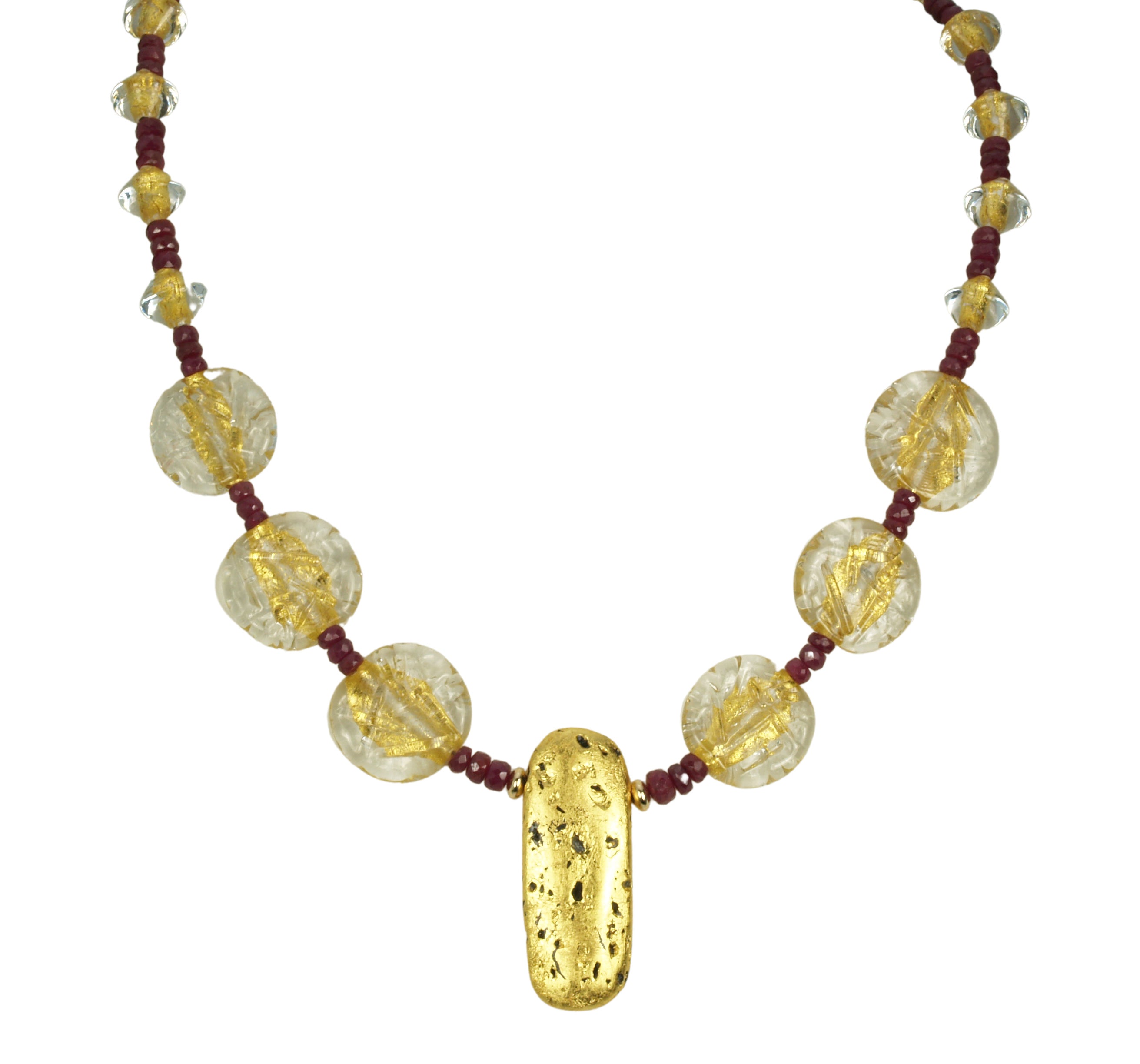 gold gilded lava stone pendant, rubies and lamp work Czech glass necklace