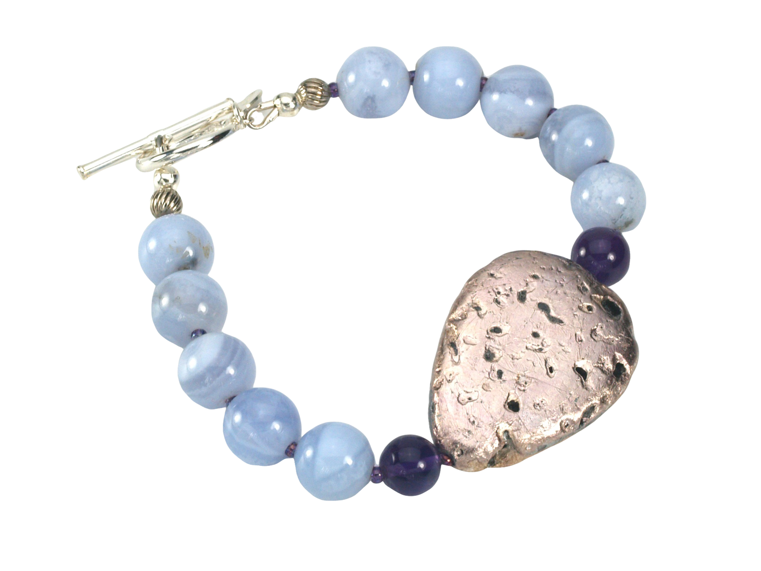 Sky Bright Bracelet - Amethyst, Blue Agate, and Hand-Gilded Silver on Lava Bracelet