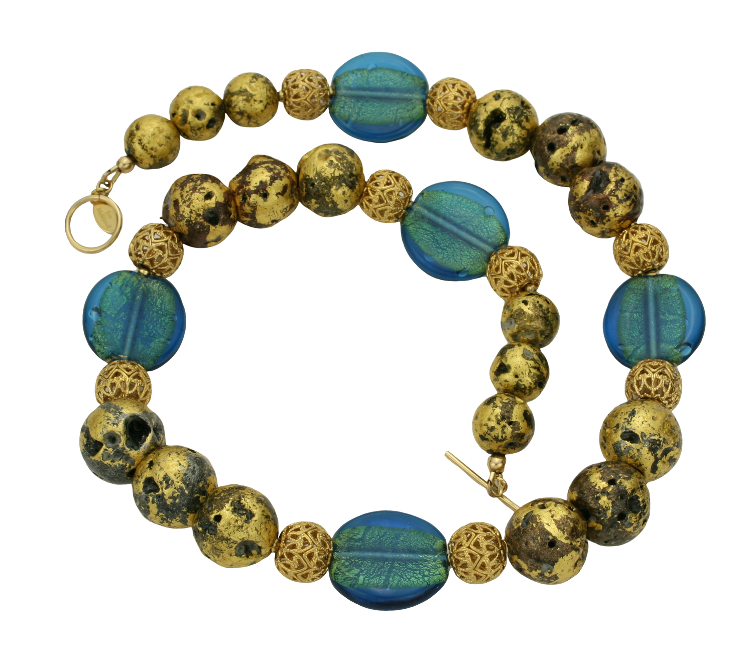 Necklace with blue and gold beads on a white background