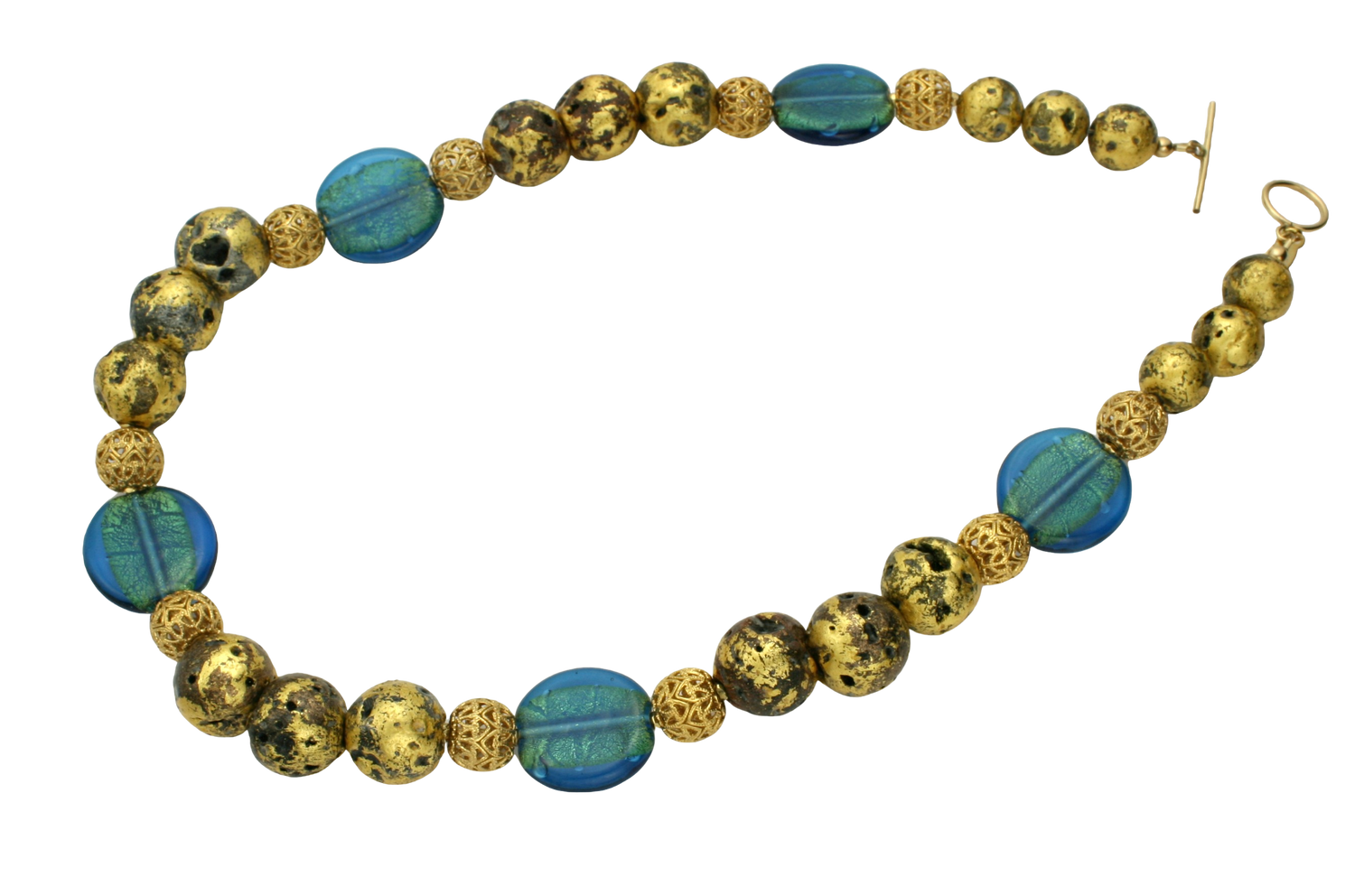 Necklace with blue and gold beads on a white background