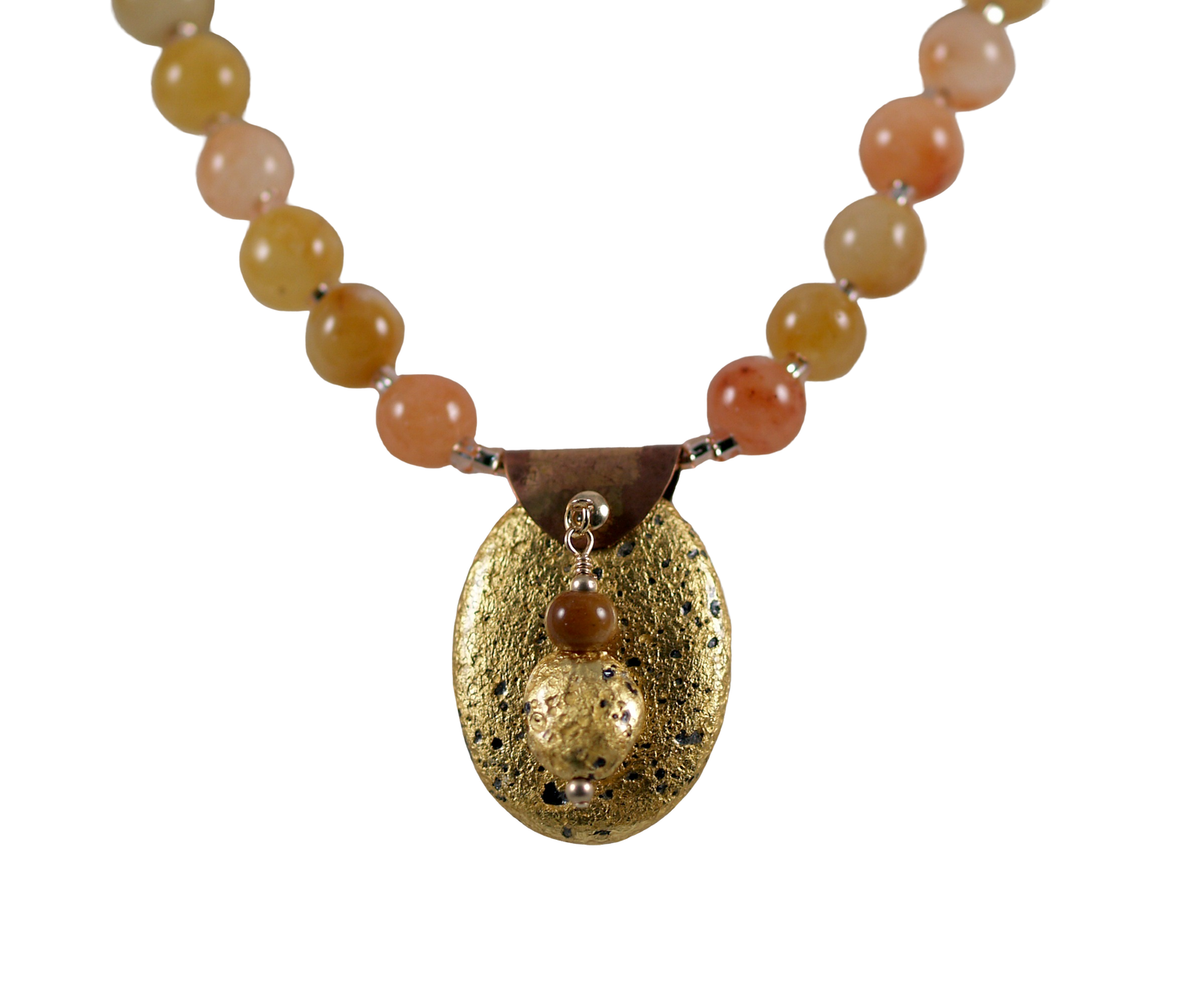 gold gilded on lava pendant and yellow jade necklace