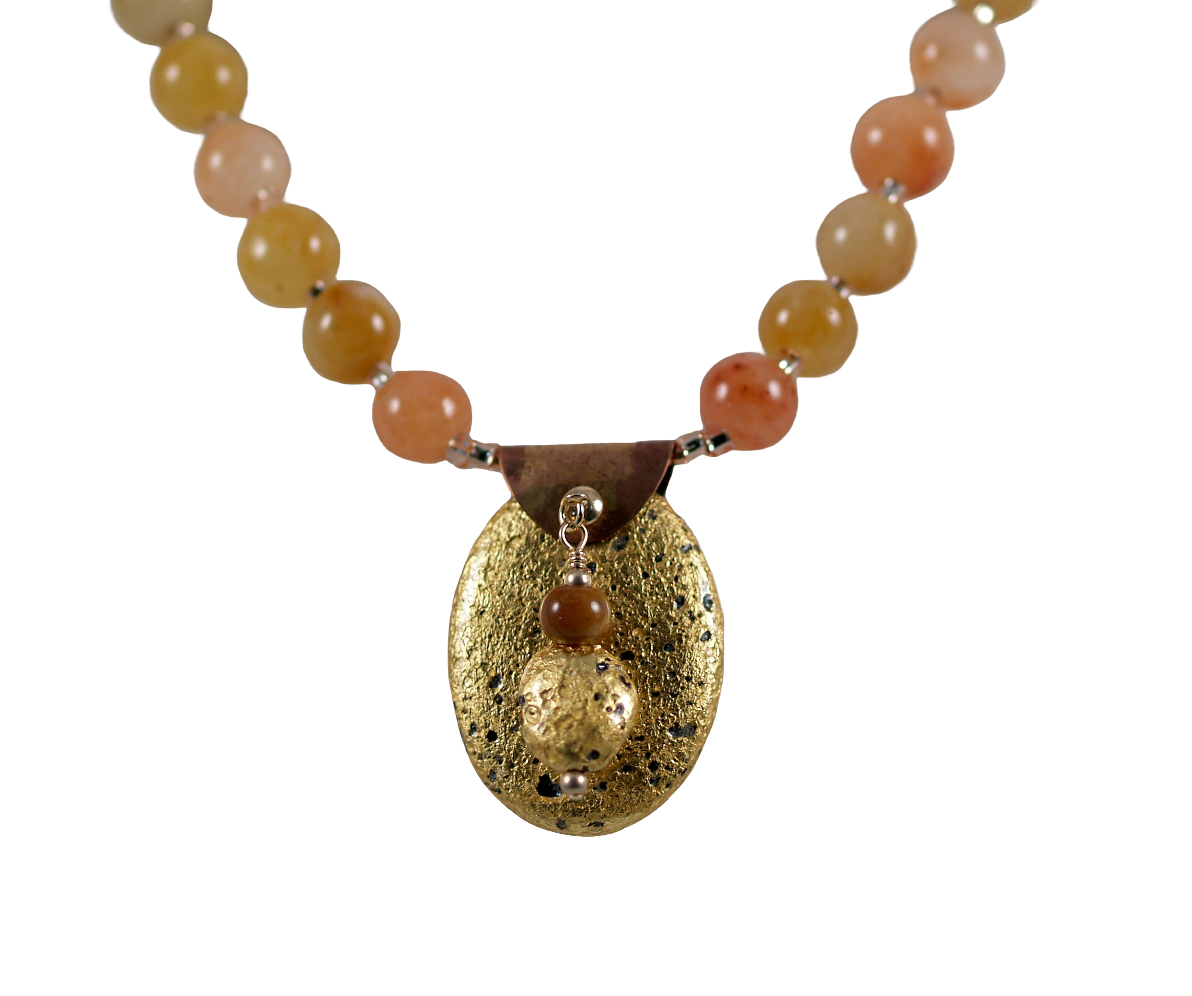 gold gilded on lava pendant and yellow jade necklace