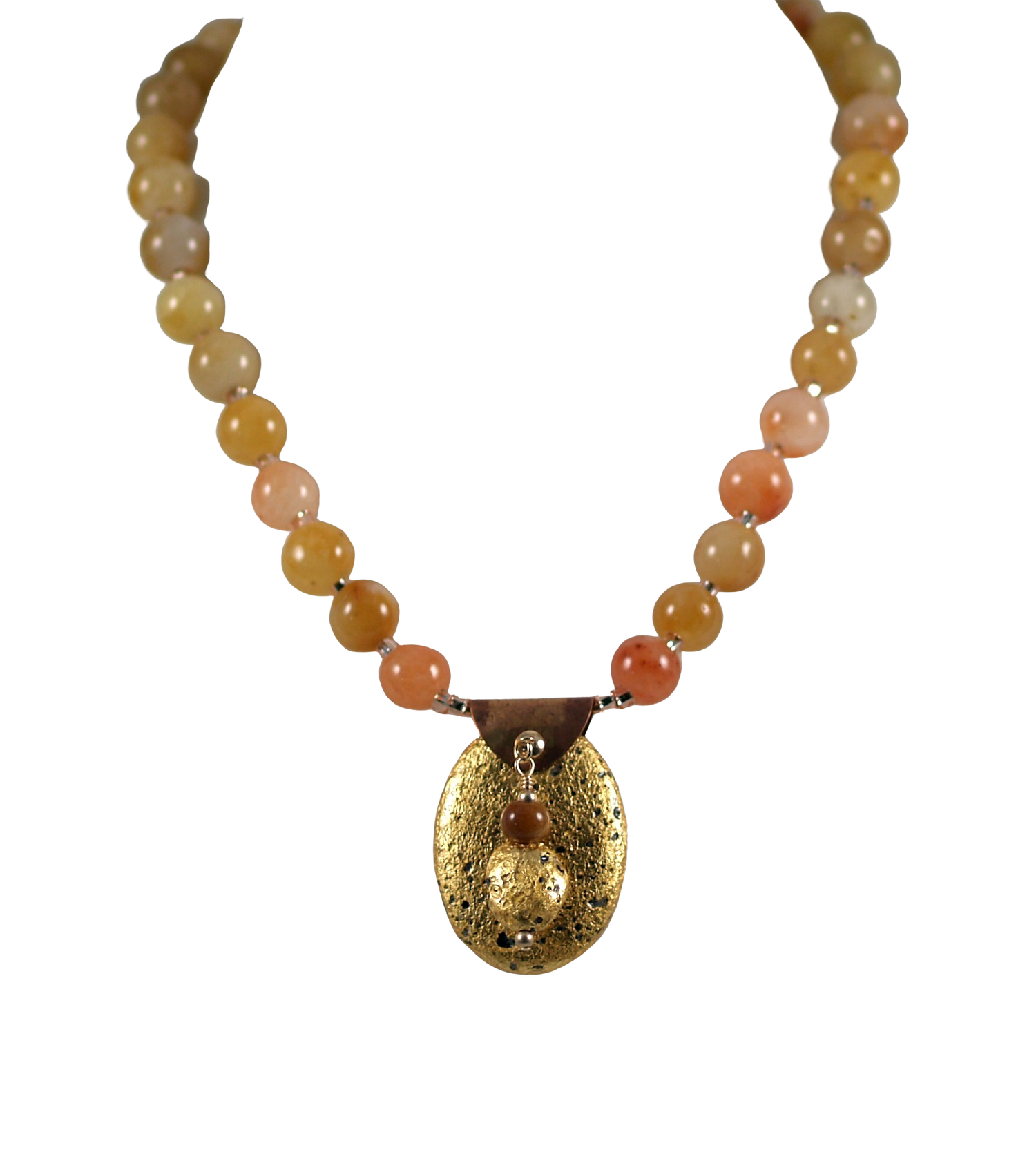 gold gilded on lava pendant and yellow jade necklace