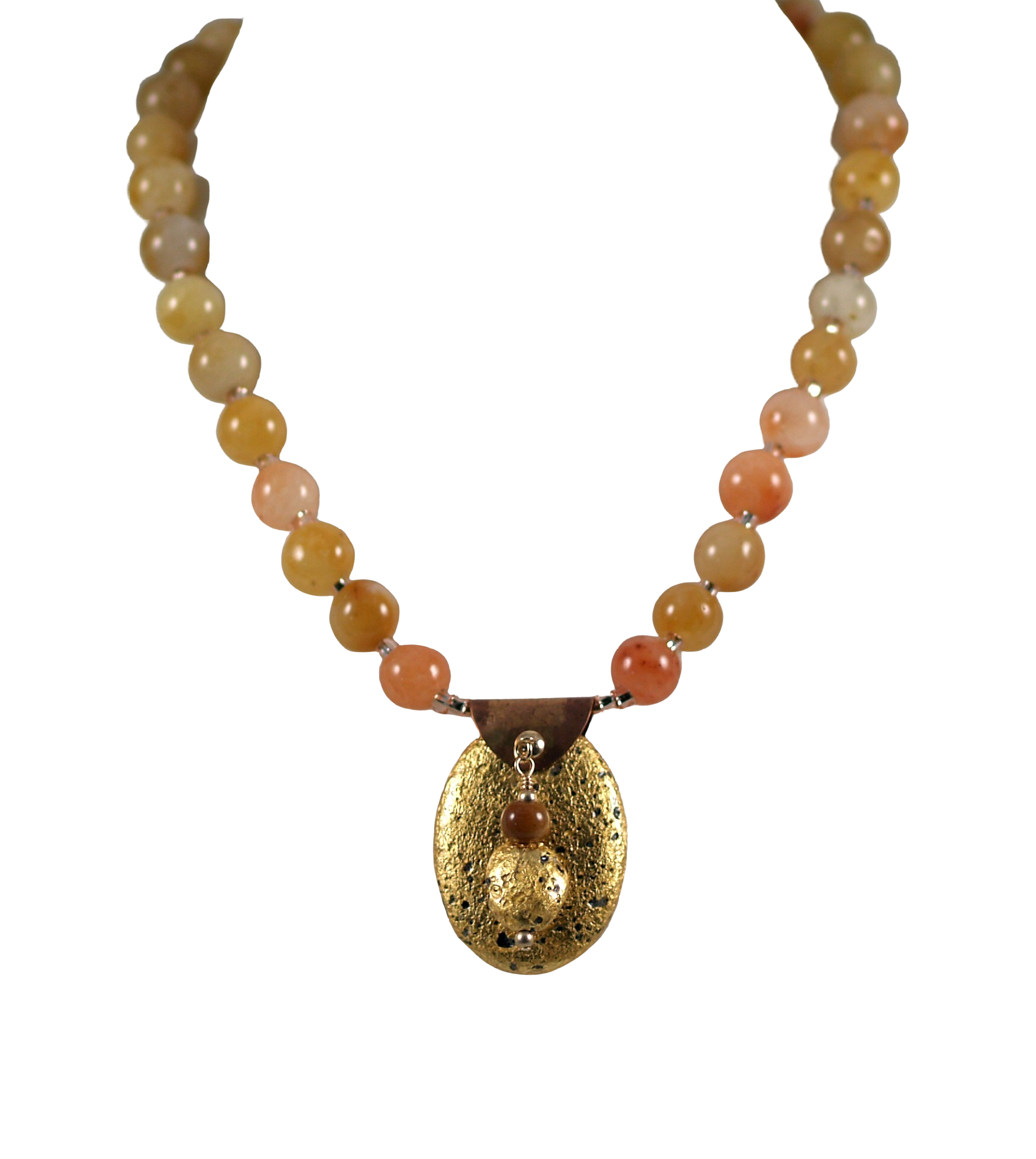 gold gilded on lava pendant and yellow jade necklace