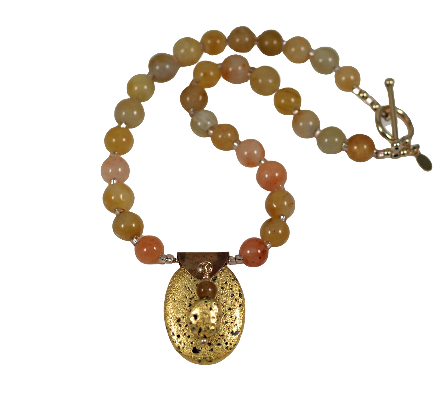 gold gilded on lava pendant and yellow jade necklace