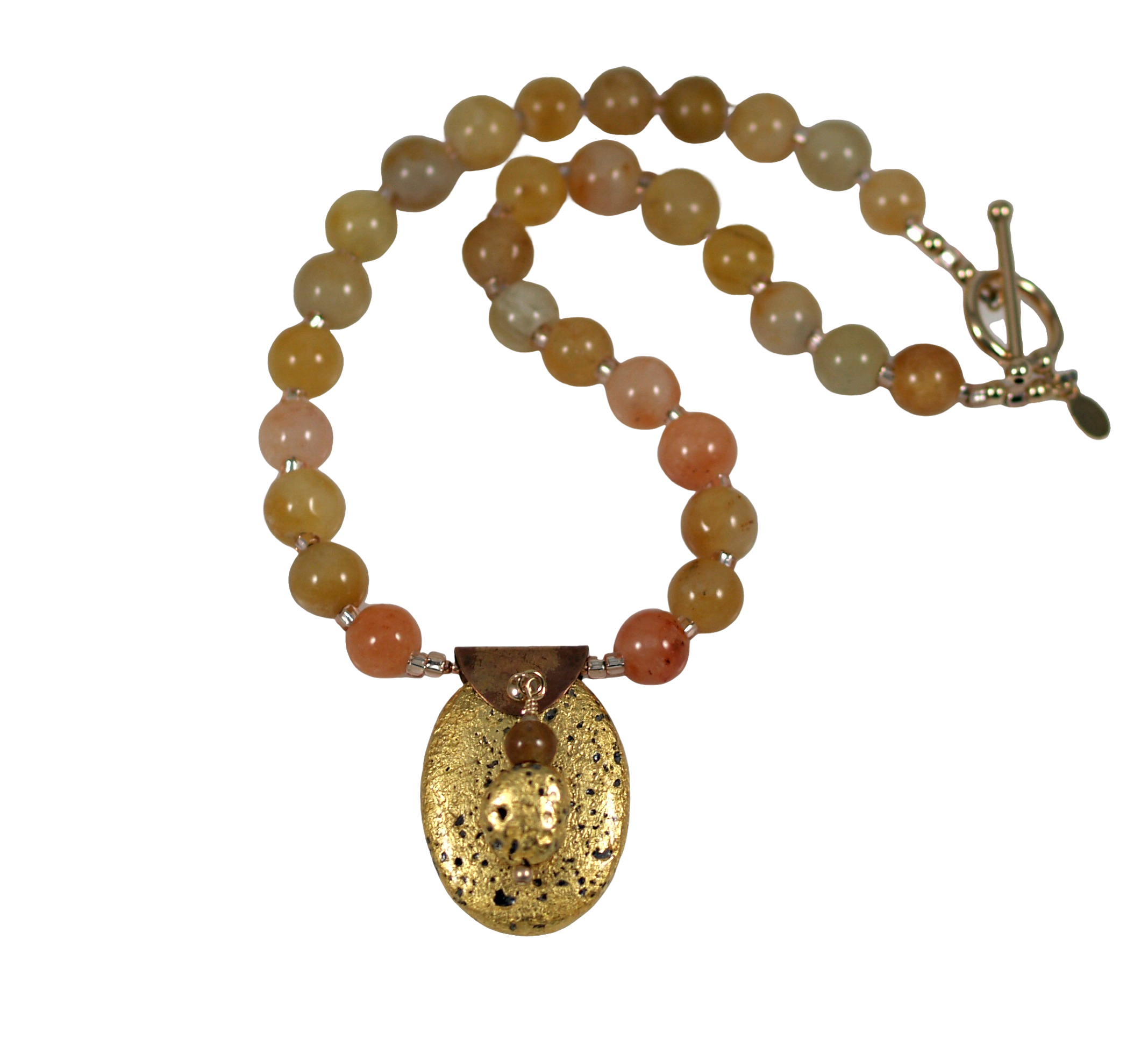 gold gilded on lava pendant and yellow jade necklace