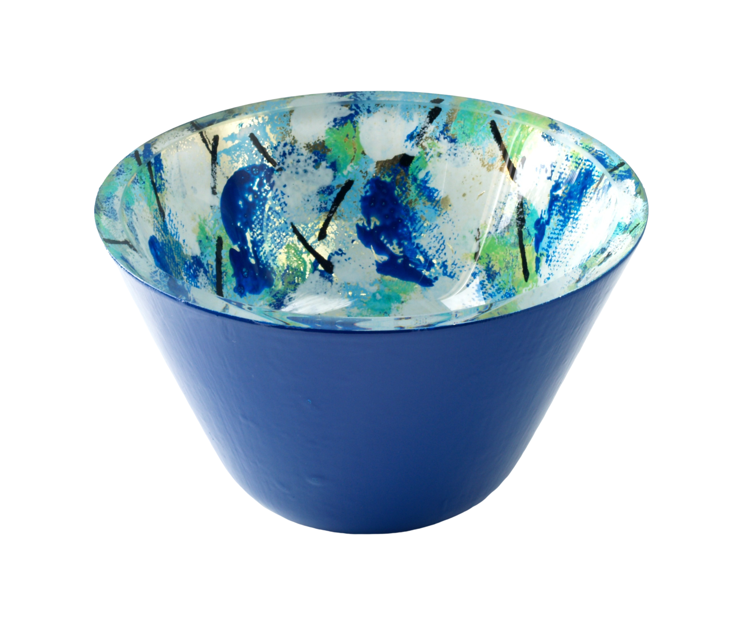 Blue painted and gold gilded glass art bowl