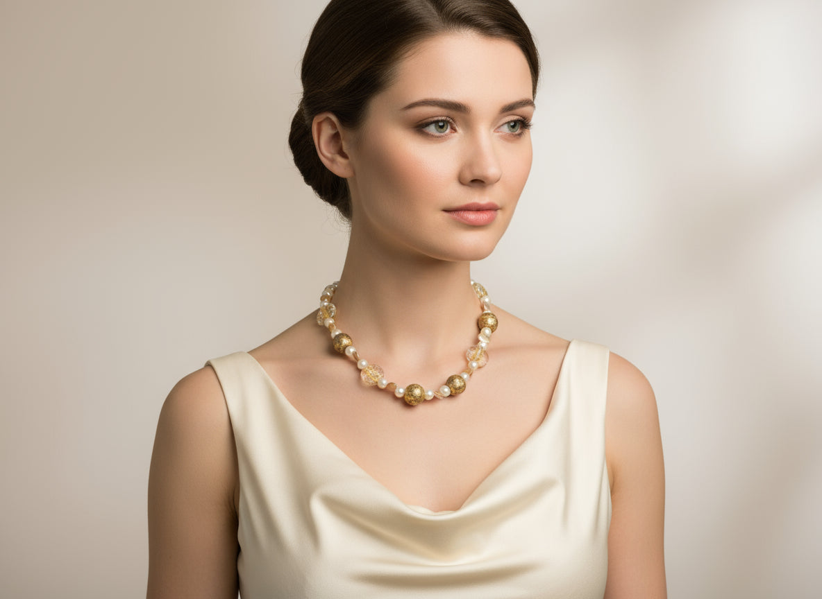 Pearl necklace with gold gilded beads, gold lampwork Czech glass beads, featured on a model