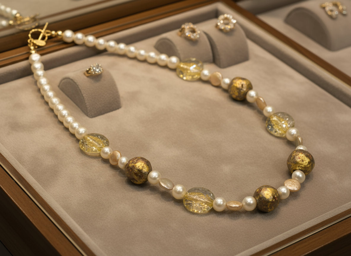 Pearl necklace with gold gilded beads, gold lampwork Czech glass beads, gold toggle clasp displayed in a tan velvet jewelry case.