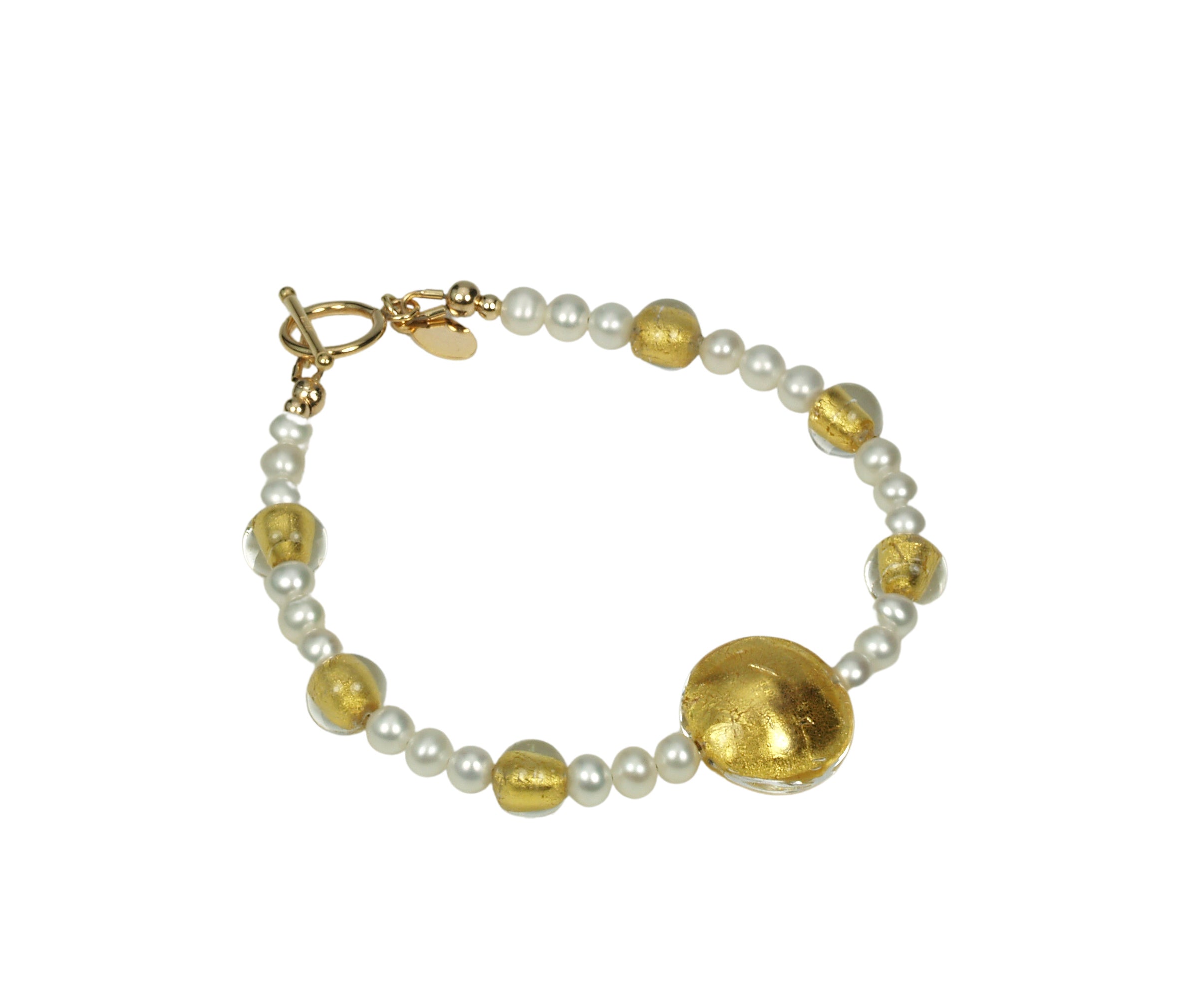 White pearl bracelet with gold Venetian lamp work glass beads, large center bead in 24 karat gold foil lamp work Venetian glass. The bracelet is finished with gold toggle clasp and designer tag.