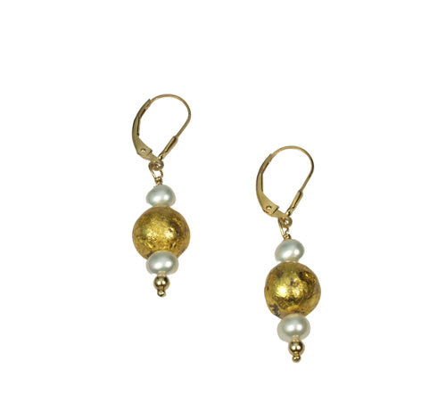 gold gilded round lava bead and pearl dangle earrings