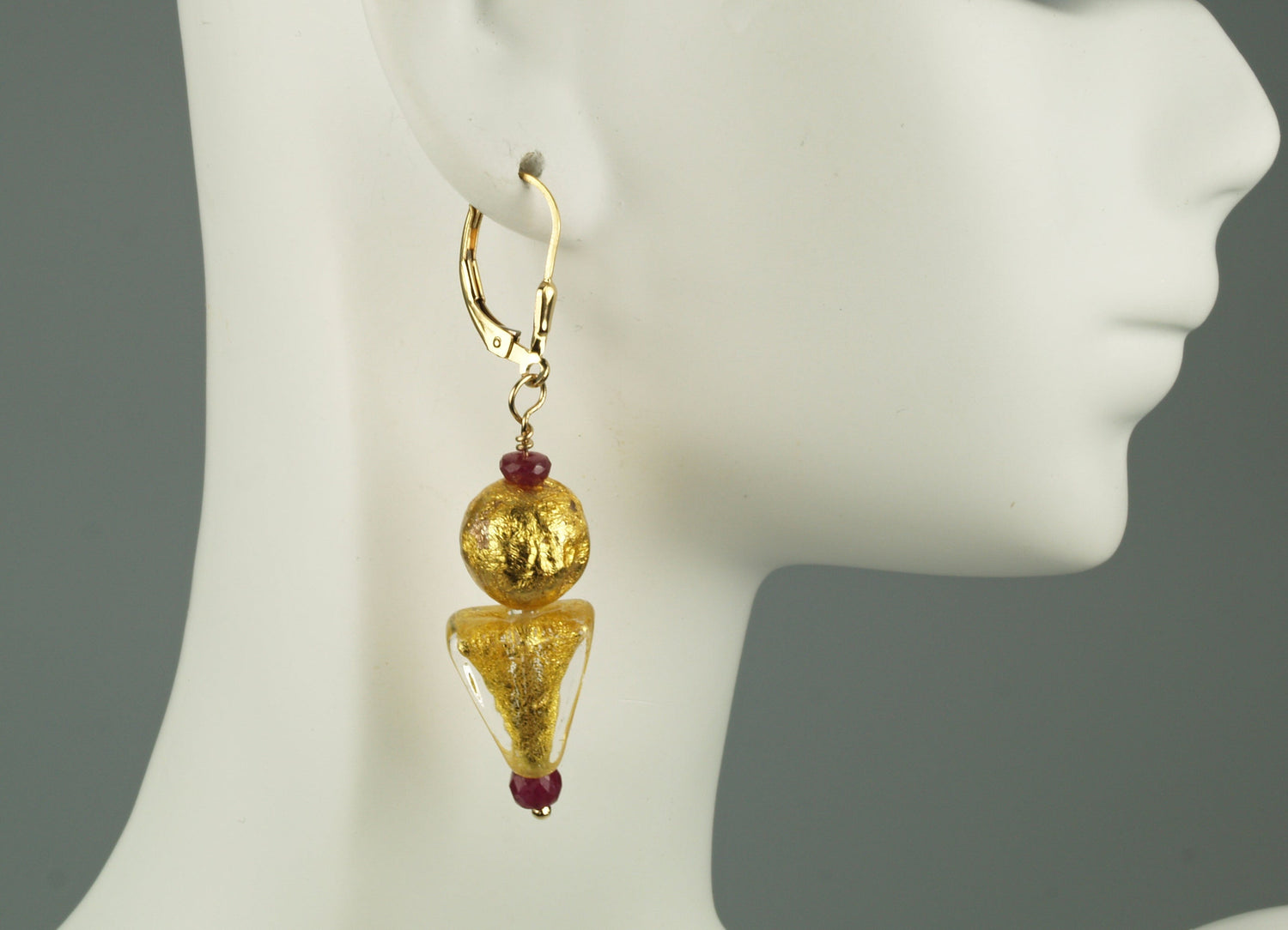 Ruby and Gold Venetian Earrings "Ruby and Gustav"