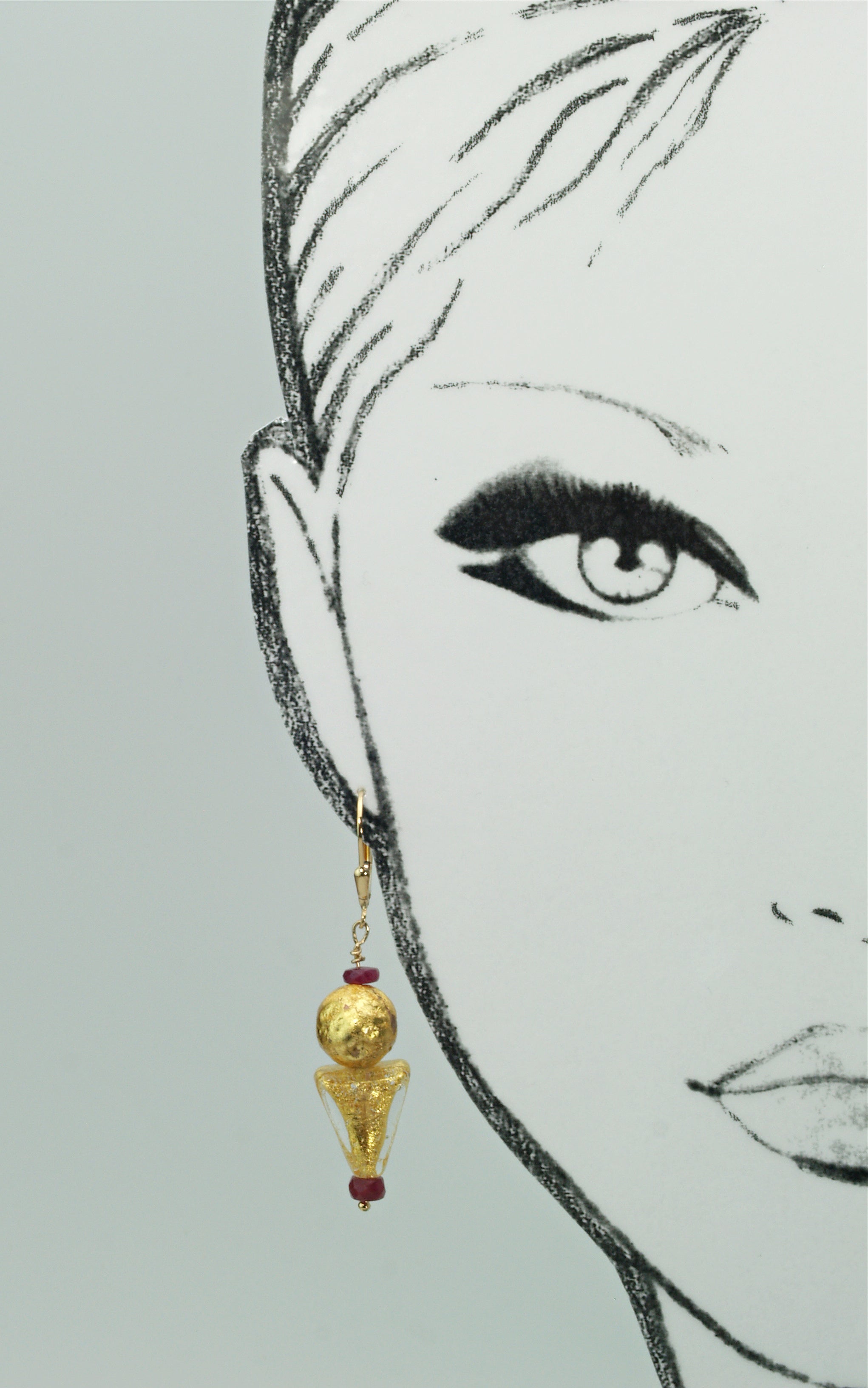 Ruby and Gold Venetian Earrings "Ruby and Gustav"