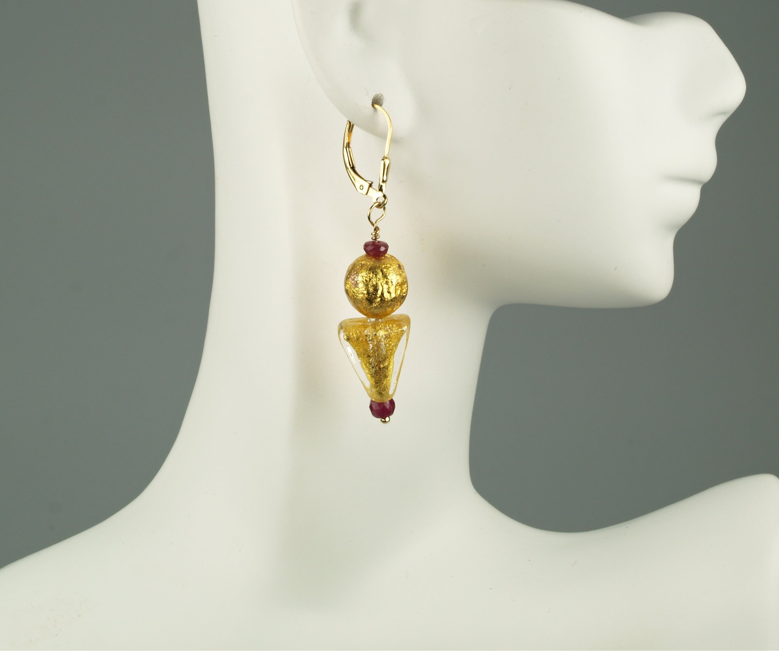 Ruby and Gold Venetian Earrings "Ruby and Gustav"