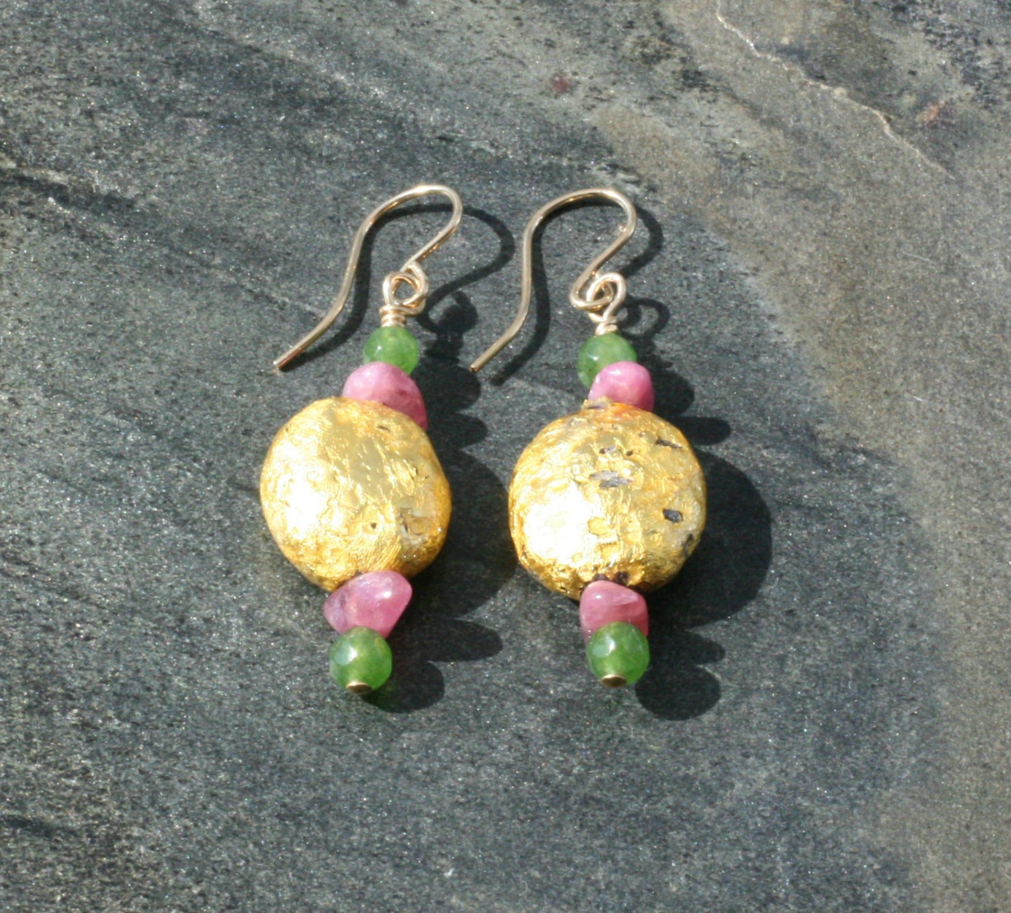 First Spring - Pink Tourmaline, Jade and Gold Earrings