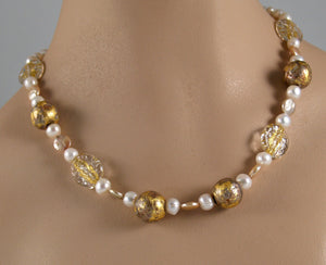 "Matinee" Necklace with Pearls and Gold Gilded Stone