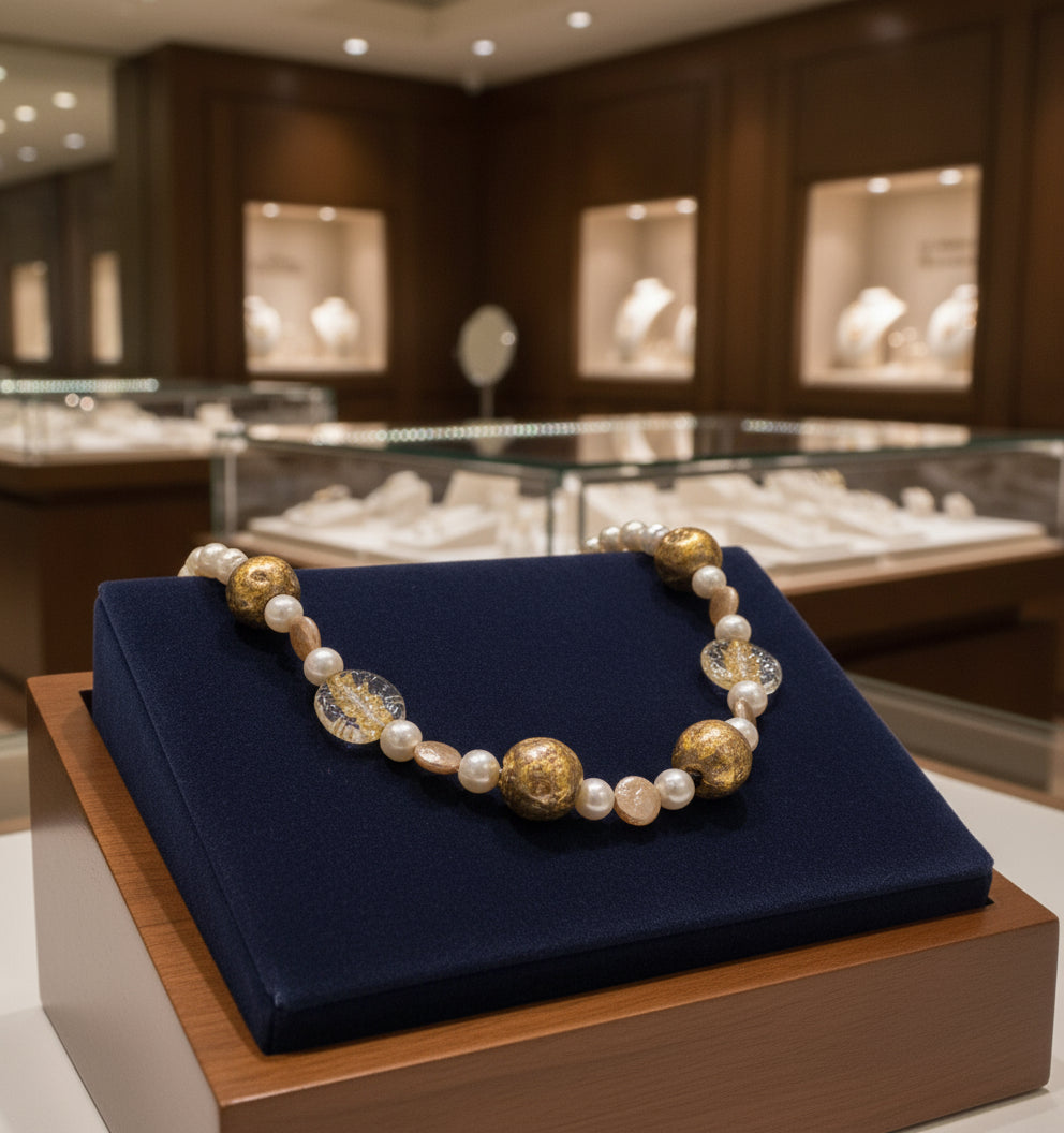 White Pearl necklace with gold gilded beads, gold lampwork Czech glass beads on blue velvet.