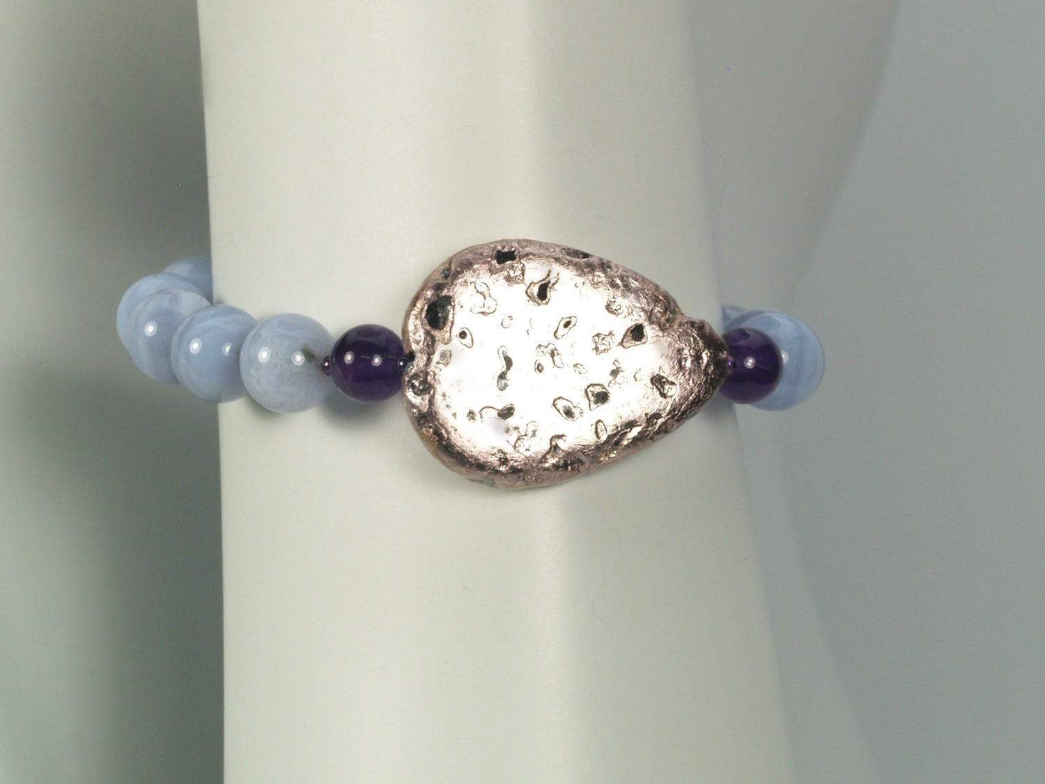 Sky Bright Bracelet - Amethyst, Blue Agate, and Hand-Gilded Silver on Lava Bracelet