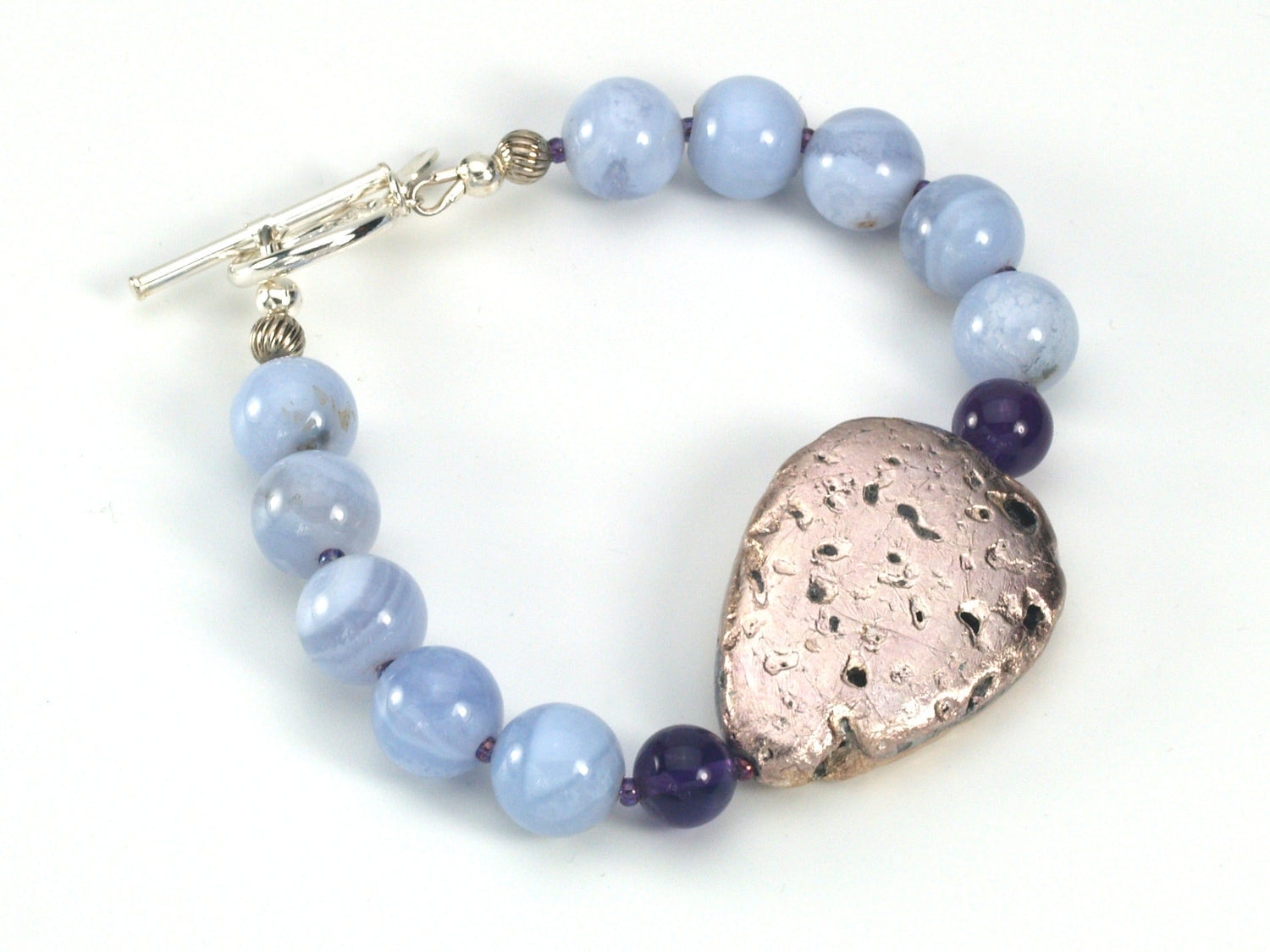 Sky Bright Bracelet - Amethyst, Blue Agate, and Hand-Gilded Silver on Lava Bracelet