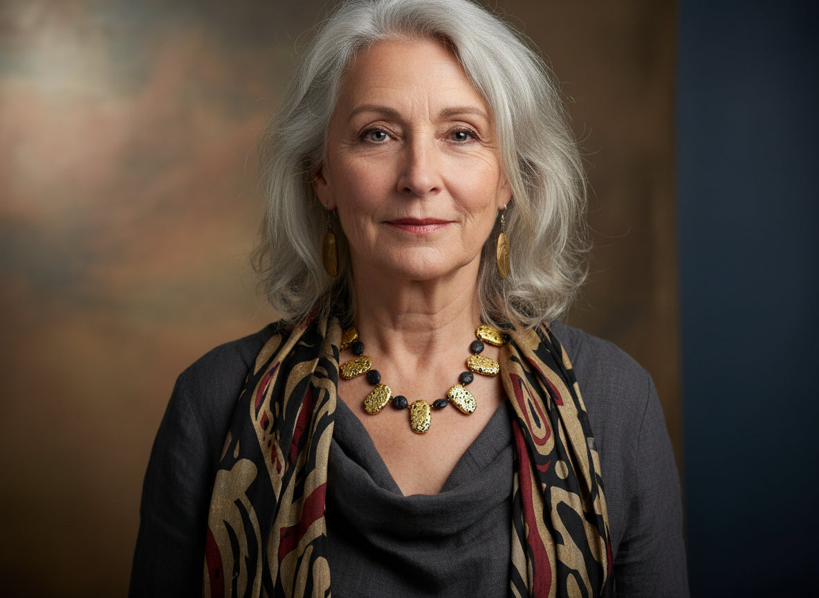 Woman wearing a patterned scarf and gold necklace against a blurred background