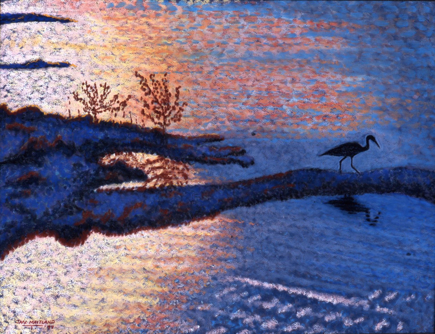 Great Blue Heron in sun set, blue water, pastel painting