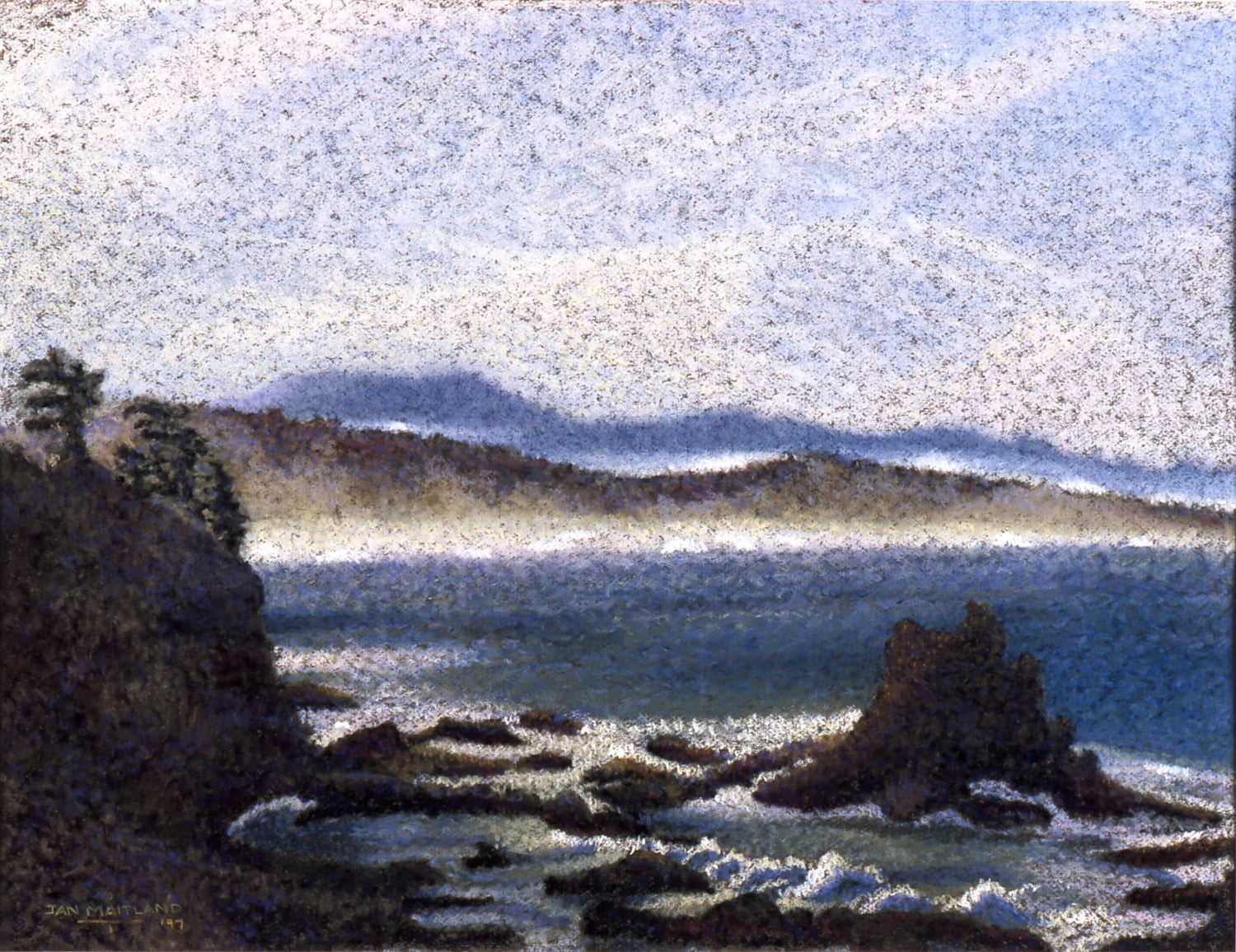 Pictured for Lava Glow Jewelry Blog - Original pastel painting, "Coastal Mist" by Jan Maitland. The painting is of the beautiful coast in Oregon showing rock and Pacific surf on a misty day.