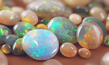 Several round opal gems in different sizes grouped together to show their different colors.
