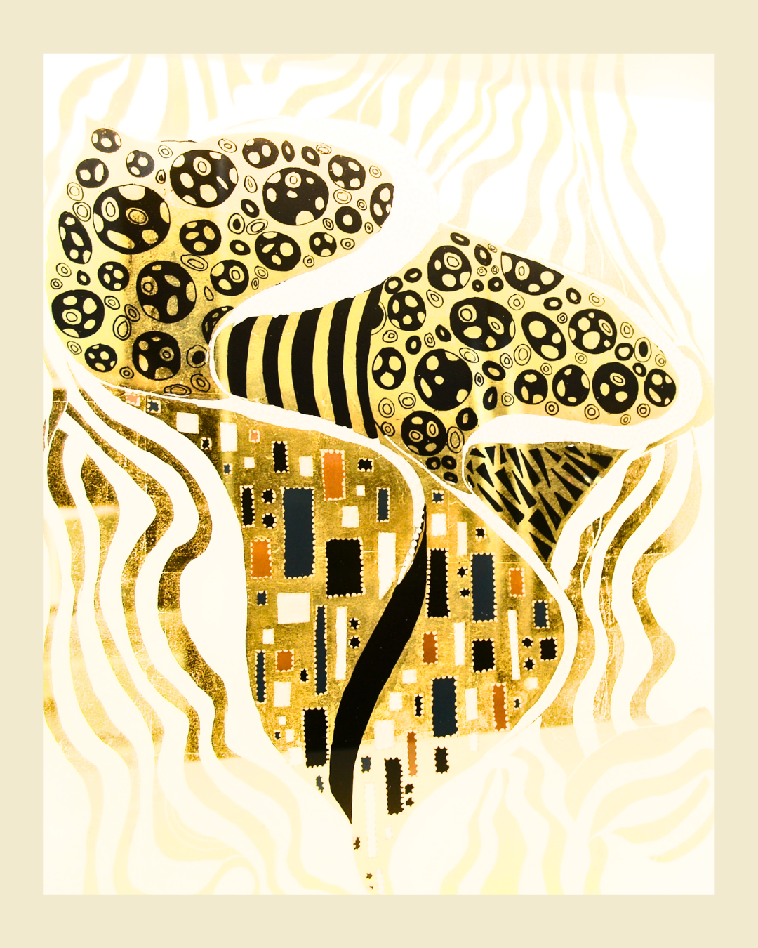 Gold leaf Klimtesque calla lily design on glass in gold, black, white, orange and blue.
