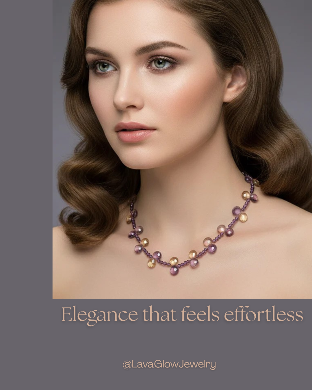 Woman wearing a pearl necklace with text &