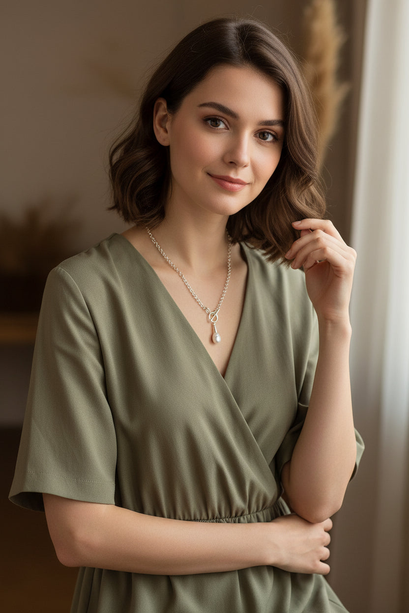 Silver necklace with a pearl pendant on a model.