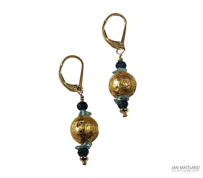 Blue Sparkle Onyx, Apatite and Gold Earrings