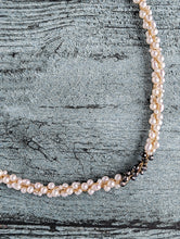 Load image into Gallery viewer, Champagne and Caviar Black Diamond and Pearl Necklace -  The combination of black diamonds and white pearls creates a striking contrast. The use of the Japanese Kumihimo technique to braid the beads on eight strands demonstrates the attention to detail and craftsmanship involved in creating this piece. The necklace measures 18&quot; 