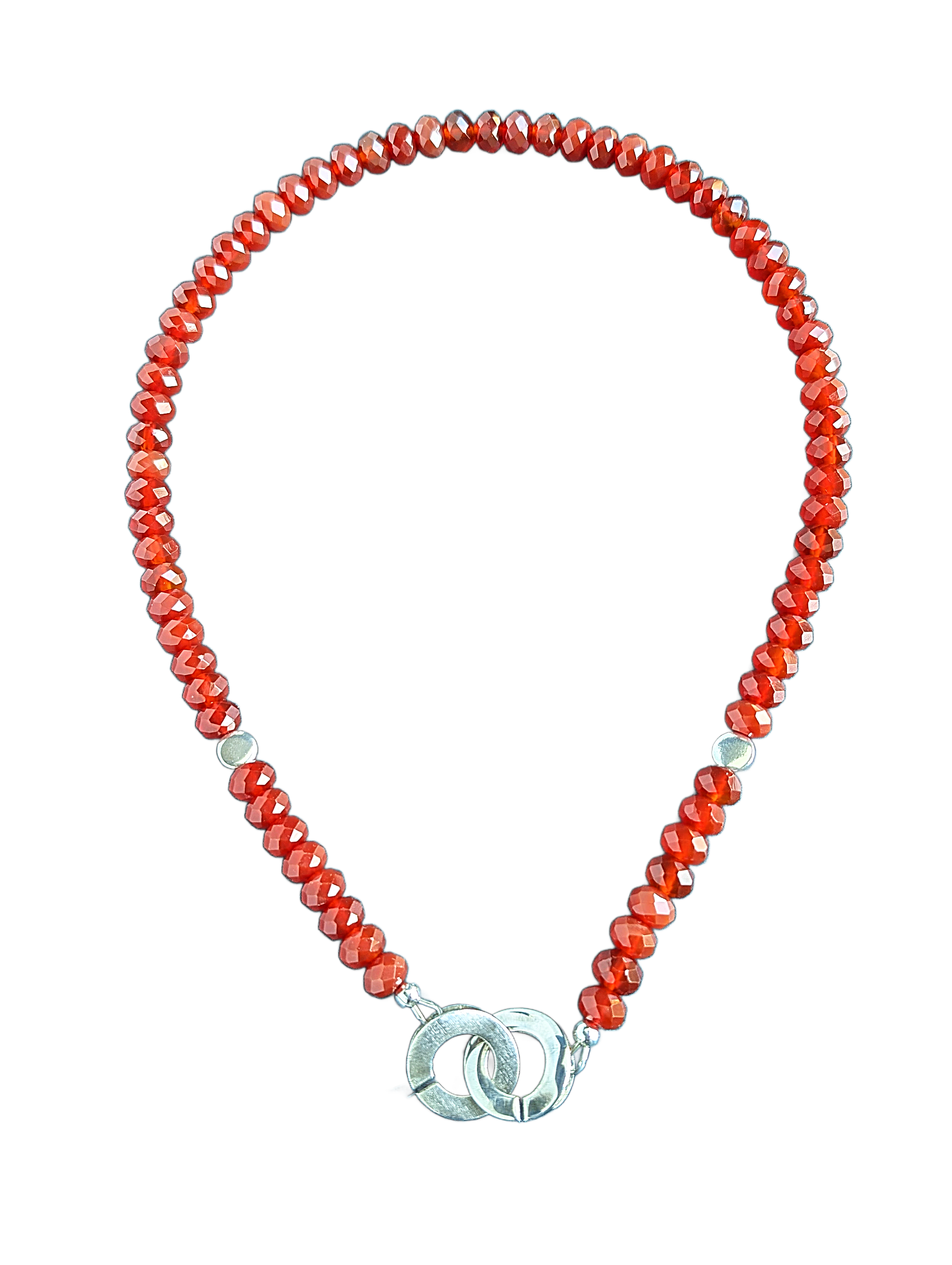Carnelian red beads and sterling silver necklace on a white background.
