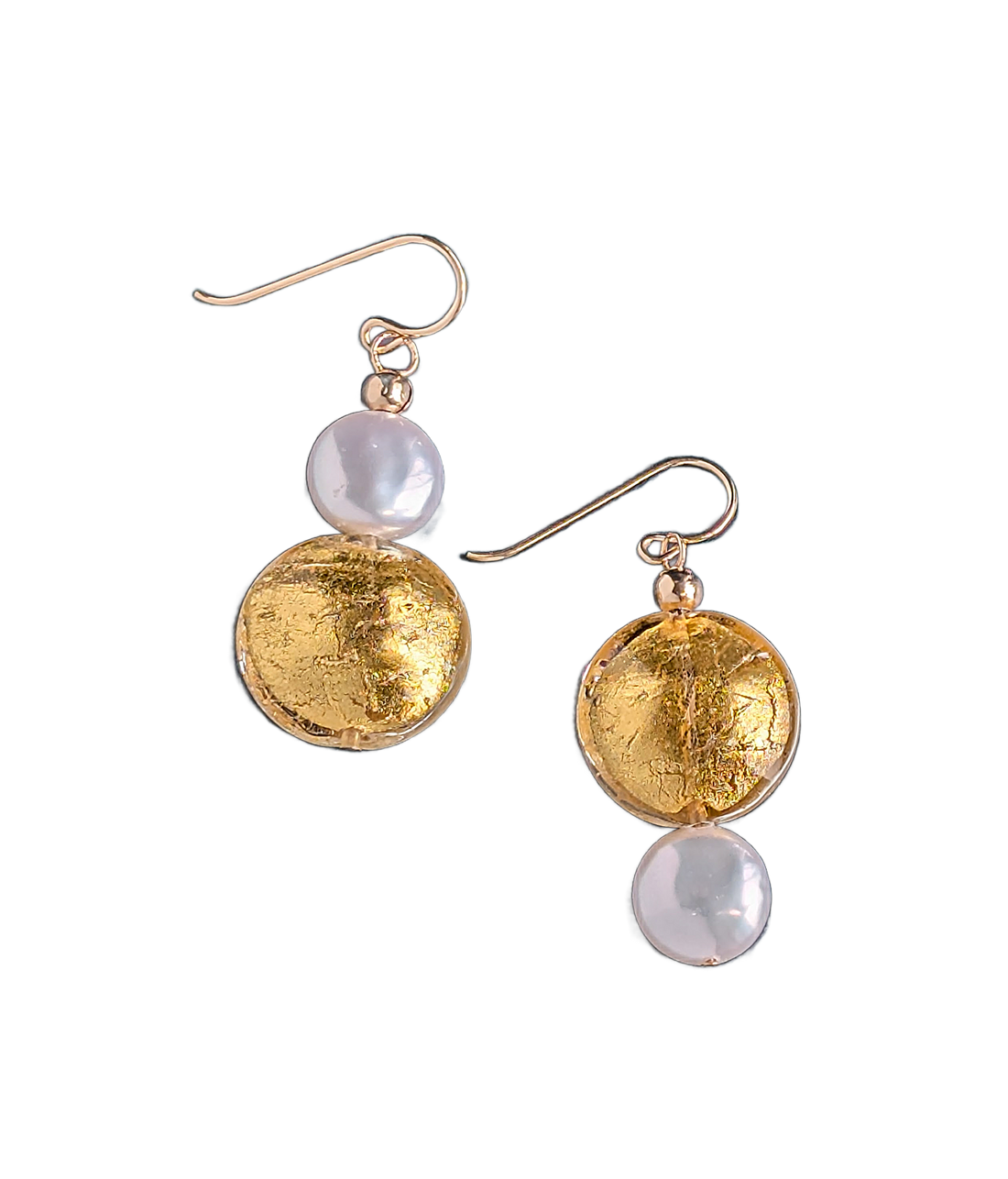 "Fantasy Glow" Earrings with AAA 10mm coin freshwater pearls, and round lamp work 24 karat gold foil Venetian glass beads. The earrings are finished with 14 Karat gold-filled French hook earring wire. Each earring has an opposite design from one another - one with the pearl on the bottom of the gold bead dangle and one with the pearl on top of the gold bead dangle.