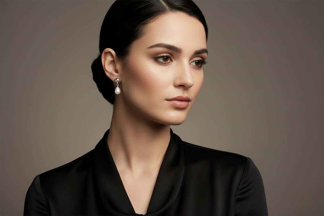 Pearl earrings with silver ball posts on an elegant model. 