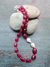 Load image into Gallery viewer, Ruby and Baroque Pearl Necklace - &quot;Romancing the Ruby&quot; necklace. This exquisite piece features cabochon smooth rubies, lustrous Baroque pearls, sterling silver beads, a charming toggle clasp, and a signature tag by the artist. With a length of 18 inches.