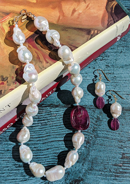 Baroque and Ruby Necklace and Earrings with 14 Karat gold necklace clasp and 14 Karat earring wire.