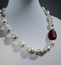 Load image into Gallery viewer, White Baroque Pearl and Ruby Necklace on mannequin neck.