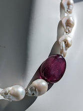 Load image into Gallery viewer, Close up of baroque pearl and ruby necklace on mannequin neck.