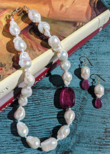 Load image into Gallery viewer, Baroque Pearl and Ruby necklace and dangle earrings with 14 karat gold earring wire and 14 karat necklace clasp.