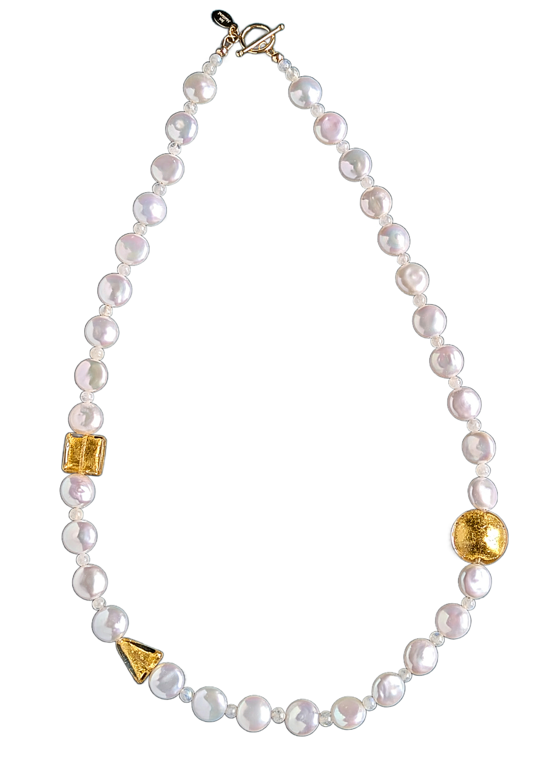 "Fantasy Glow" Necklace with  10 and 11mm AAA white freshwater coin pearls, 4mm moonstone beads in-between each pearl. Off set with whimsy and elegance are thee lamp work  gold Venetian  beads. The necklace is finished with 14 Karat gold-filled toggle clasp and artist signature tag. The necklace measures 21.5".