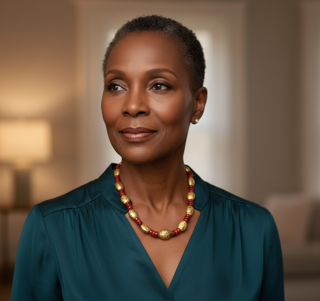 Necklace with gold and red beads on a beautiful model in a teal dress